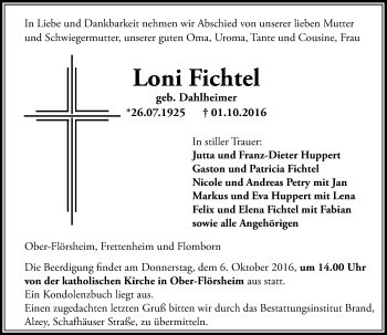 Traueranzeige von Loni Fichtel von Trauerportal Rhein Main Presse