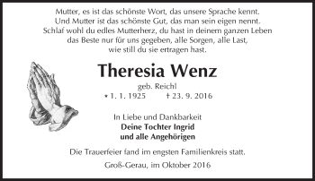 Traueranzeige von Theresia Wenz von Trauerportal Echo Online