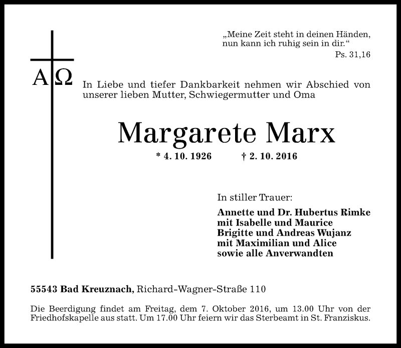  Traueranzeige für Margarete Marx vom 05.10.2016 aus Trauerportal Rhein Main Presse
