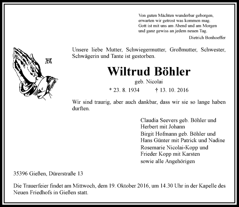  Traueranzeige für Wiltrud Böhler vom 17.10.2016 aus  Gießener Anzeiger