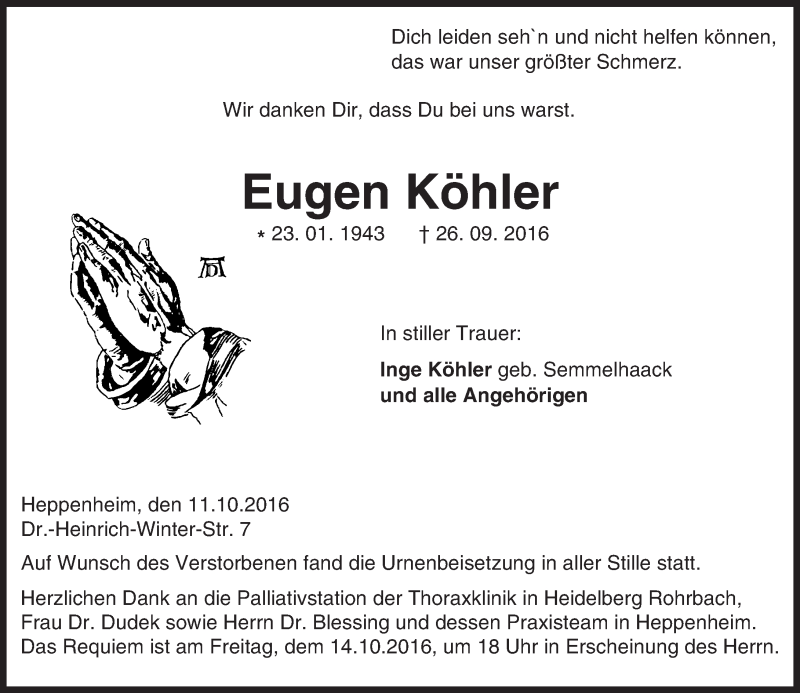  Traueranzeige für Eugen Köhler vom 11.10.2016 aus Trauerportal Echo Online