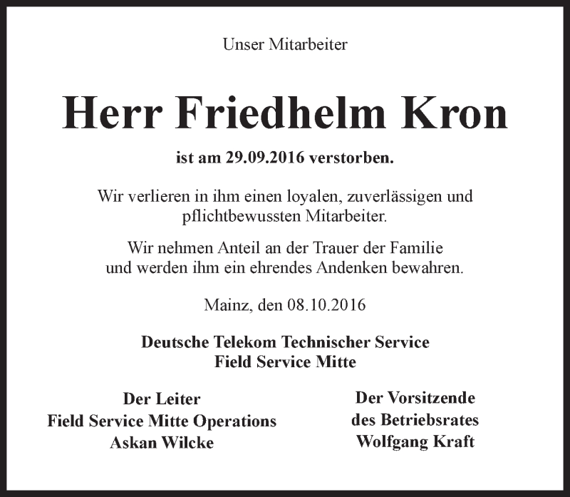  Traueranzeige für Friedhelm Kron vom 08.10.2016 aus Trauerportal Rhein Main Presse