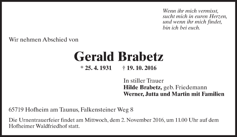  Traueranzeige für Gerald Brabetz vom 28.10.2016 aus Trauerportal Rhein Main Presse