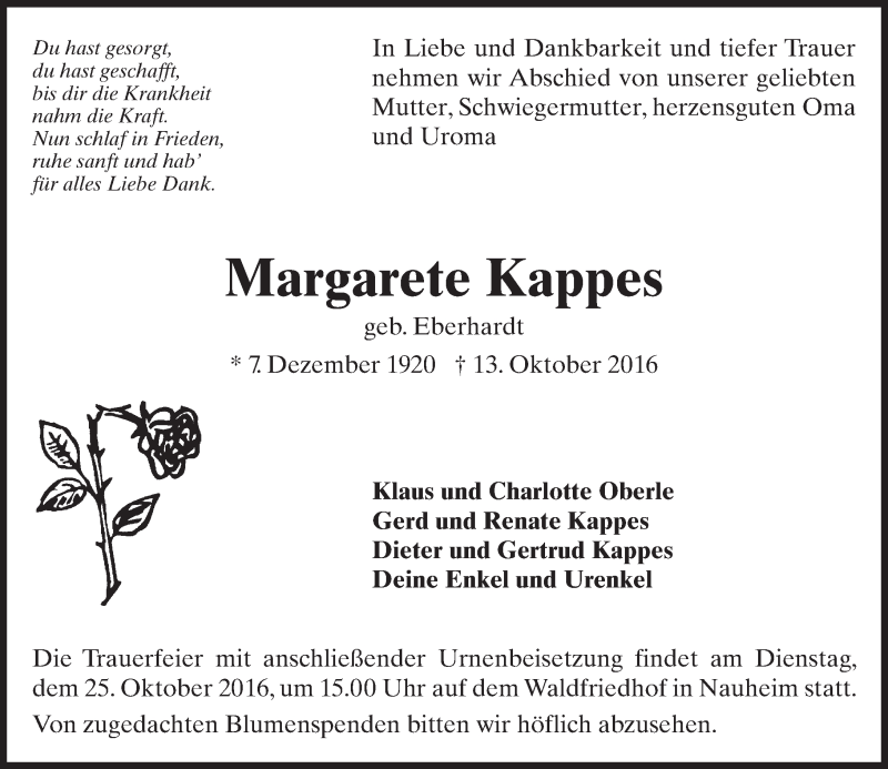  Traueranzeige für Margarete Kappes vom 22.10.2016 aus Trauerportal Echo Online