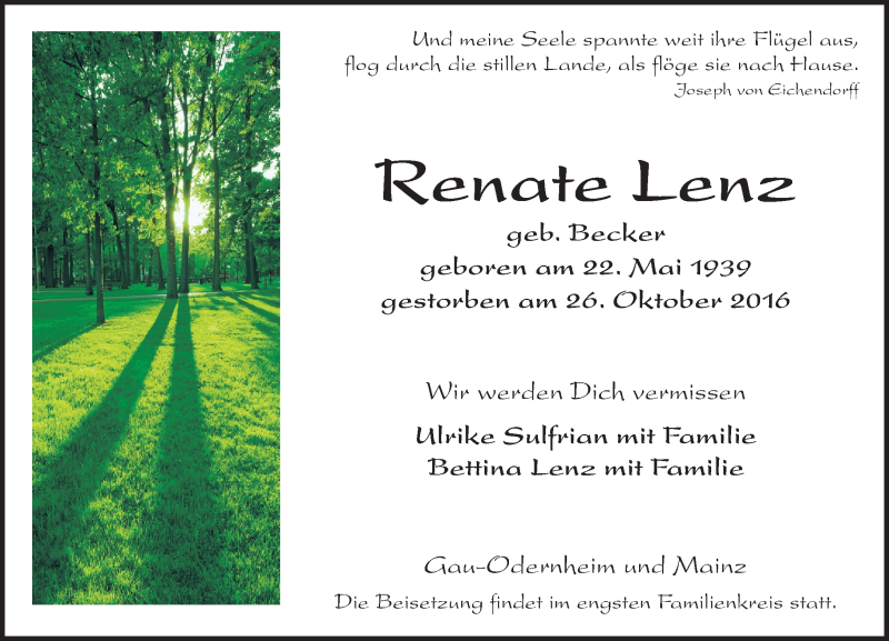 Traueranzeige für Renate Lenz vom 29.10.2016 aus Trauerportal Rhein Main Presse