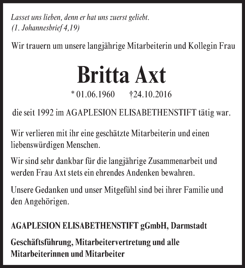  Traueranzeige für Britta Axt vom 29.10.2016 aus Trauerportal Echo Online