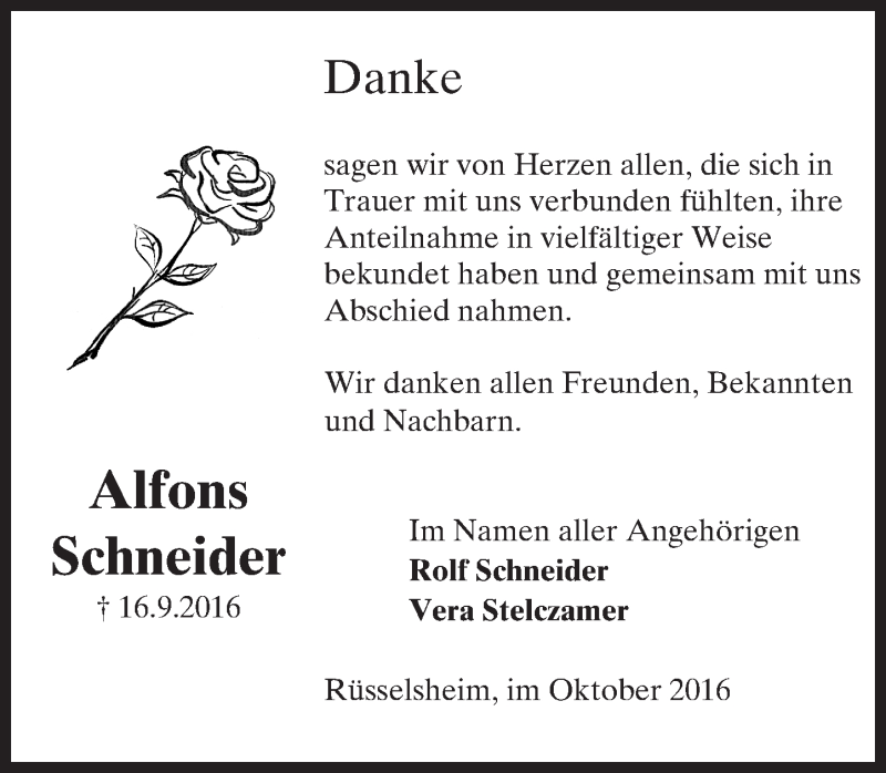  Traueranzeige für Alfons Schneider vom 08.10.2016 aus Trauerportal Rhein Main Presse
