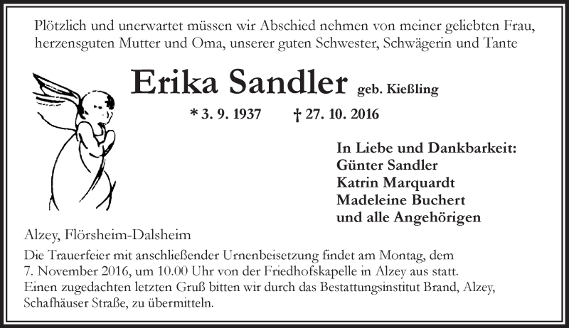  Traueranzeige für Erika Sandler vom 29.10.2016 aus Trauerportal Rhein Main Presse