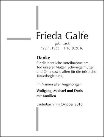 Traueranzeige von Frieda Galfe von VRM Trauer