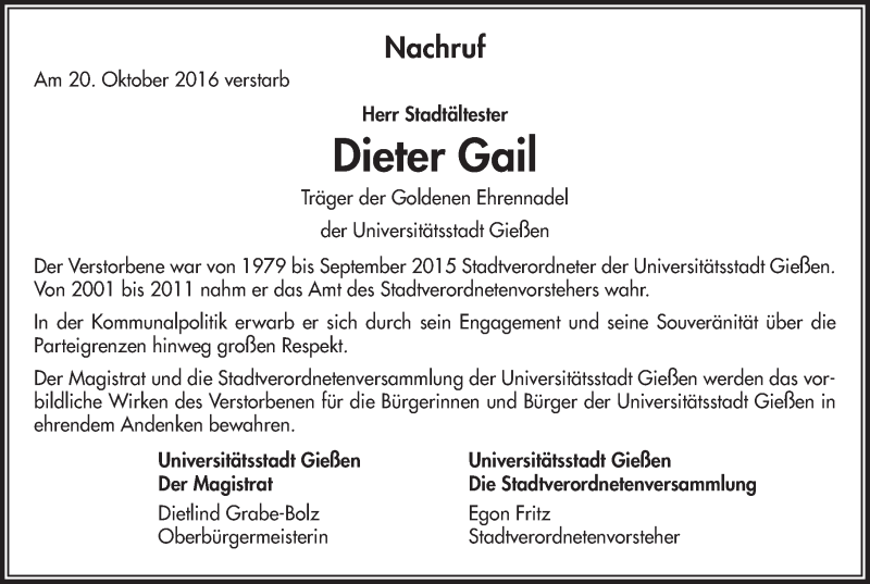  Traueranzeige für Dieter Gail vom 29.10.2016 aus  Gießener Anzeiger