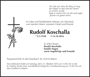Traueranzeige von Rudolf Koschalla von Trauerportal Rhein Main Presse