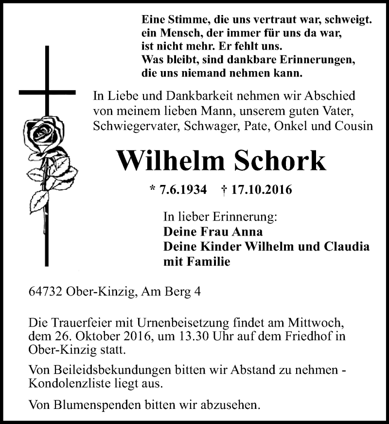  Traueranzeige für Wilhelm Schork vom 22.10.2016 aus Trauerportal Echo Online