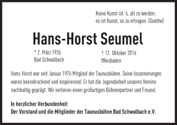 Traueranzeige von Hans-Horst Seumel von Trauerportal Rhein Main Presse