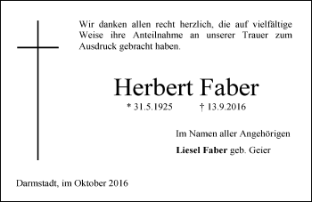 Traueranzeige von Herbert Faber von Trauerportal Echo Online
