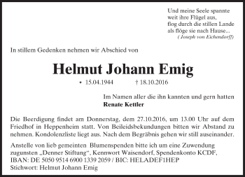 Traueranzeige von Helmut Johann Emig von Trauerportal Echo Online