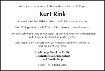 Traueranzeige von Kurt Rink von  Kreisanzeiger