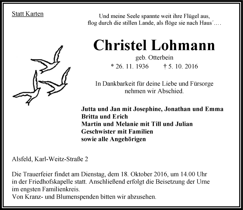  Traueranzeige für Christel Lohmann vom 14.10.2016 aus VRM Trauer