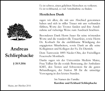 Traueranzeige von Andreas Schliephacke von Trauerportal Rhein Main Presse