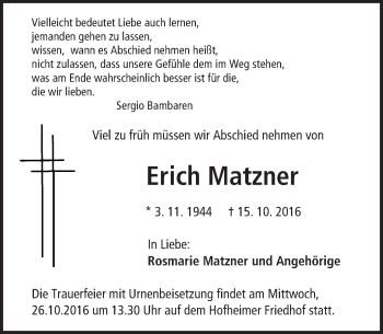 Traueranzeige von Erich Matzner von Trauerportal Rhein Main Presse