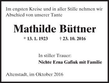Traueranzeige von Mathilde Büttner von  Kreisanzeiger