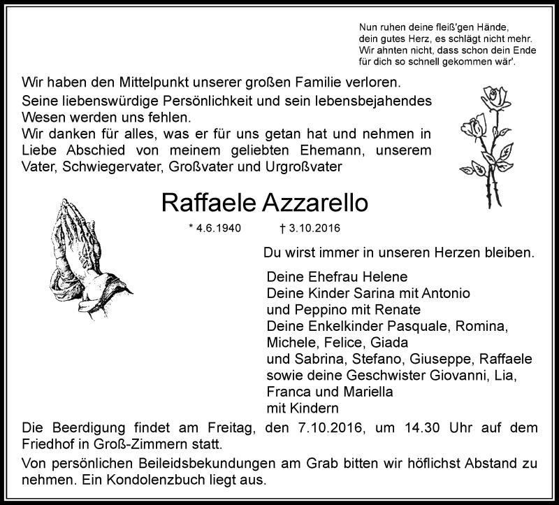  Traueranzeige für Raffaele Azzarello vom 06.10.2016 aus Trauerportal Echo Online