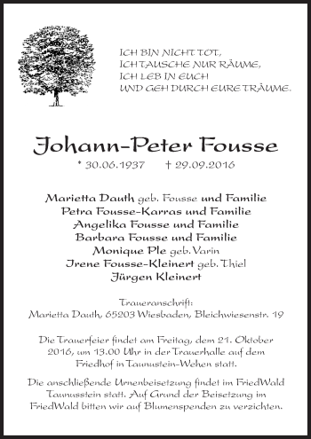 Traueranzeige von Johann-Peter Fousse von Trauerportal Rhein Main Presse