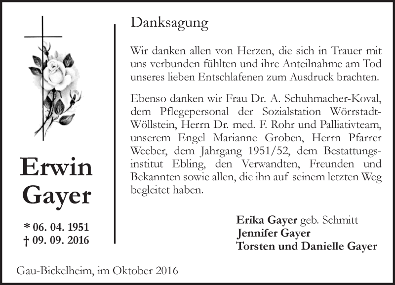  Traueranzeige für Erwin Gayer vom 07.10.2016 aus Trauerportal Rhein Main Presse