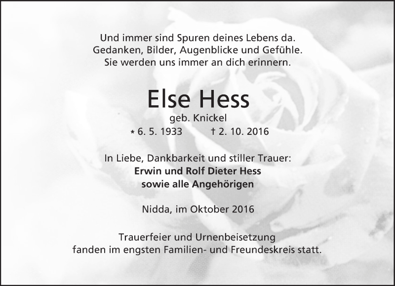 Traueranzeige für Else Hess vom 29.10.2016 aus  Kreisanzeiger