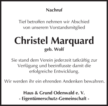 Traueranzeige von Christel Marquard von Trauerportal Echo Online