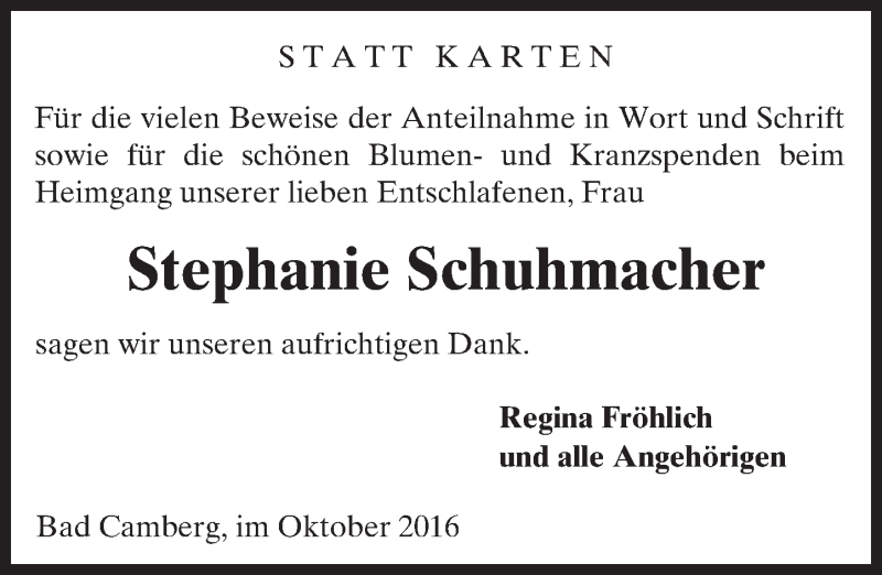  Traueranzeige für Stephanie Schuhmacher vom 27.10.2016 aus  Camberger Anzeiger