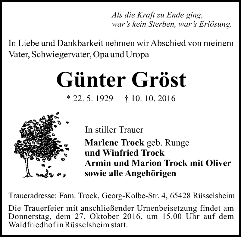  Traueranzeige für Günter Gröst vom 22.10.2016 aus Trauerportal Rhein Main Presse