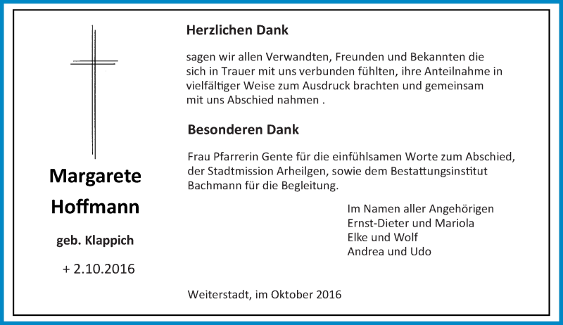  Traueranzeige für Margarete Hoffmann vom 22.10.2016 aus Trauerportal Echo Online