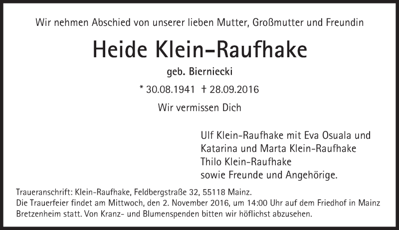  Traueranzeige für Heide Klein-Raufhake vom 15.10.2016 aus Trauerportal Rhein Main Presse