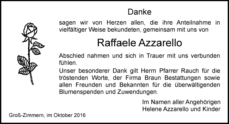  Traueranzeige für Raffaele Azzarello vom 15.10.2016 aus Trauerportal Echo Online