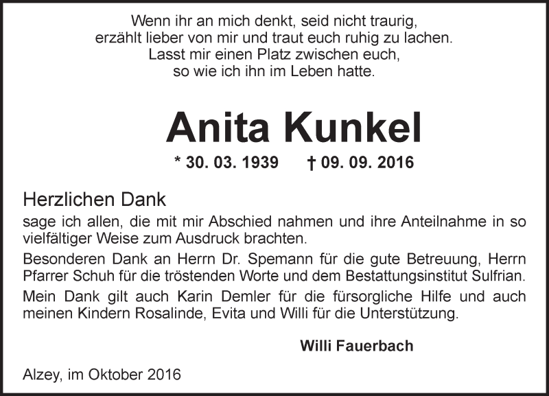 Traueranzeige für Anita Kunkel vom 15.10.2016 aus Trauerportal Rhein Main Presse