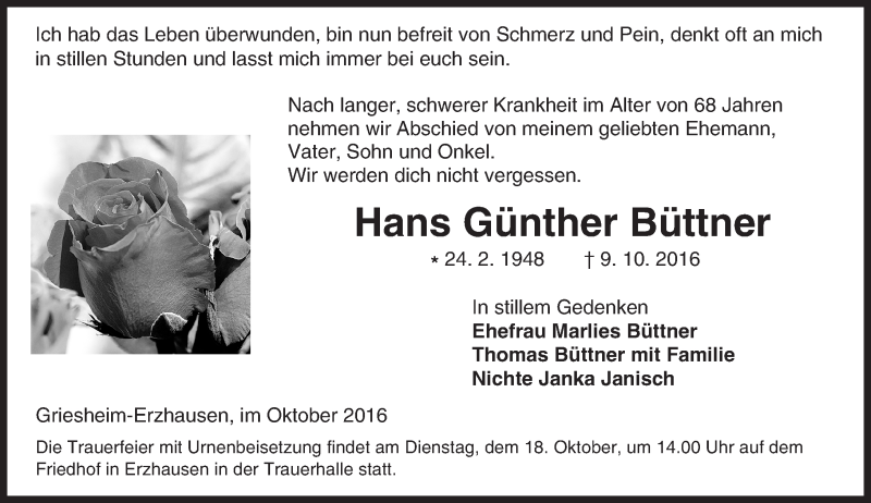  Traueranzeige für Hans Günther Büttner vom 15.10.2016 aus Trauerportal Echo Online