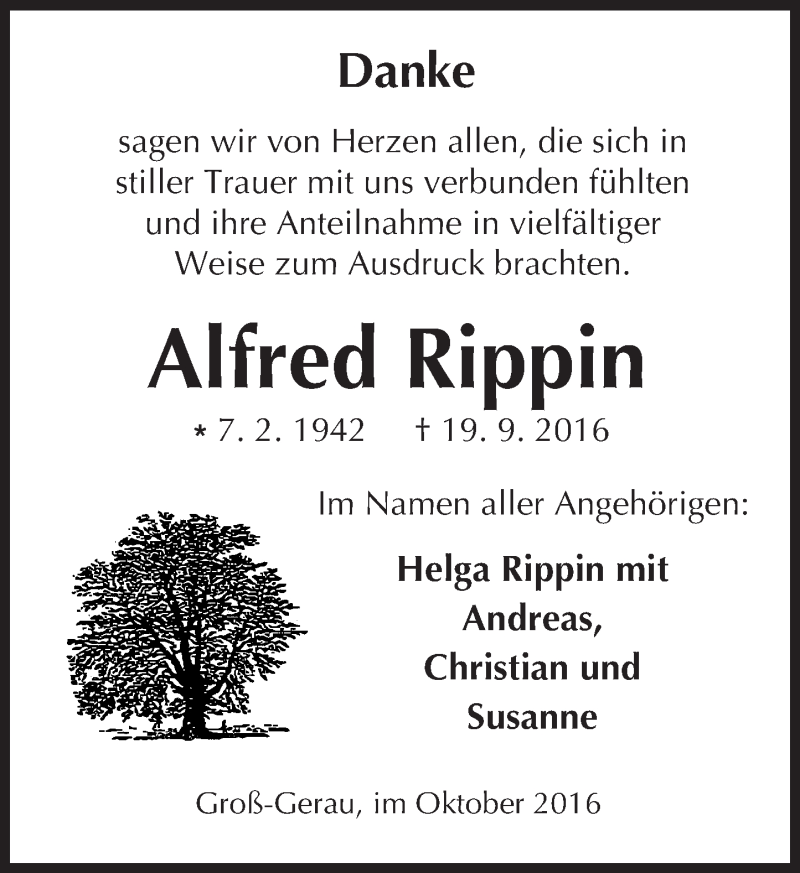  Traueranzeige für Alfred Rippin vom 15.10.2016 aus Trauerportal Echo Online