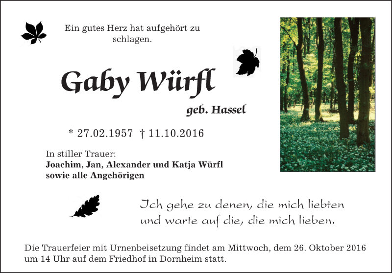  Traueranzeige für Gaby Würfl vom 22.10.2016 aus Trauerportal Rhein Main Presse