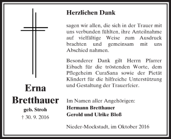 Traueranzeige von Erna Bretthauer von  Kreisanzeiger