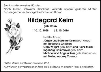Traueranzeige von Hildegard Keim von Trauerportal Rhein Main Presse