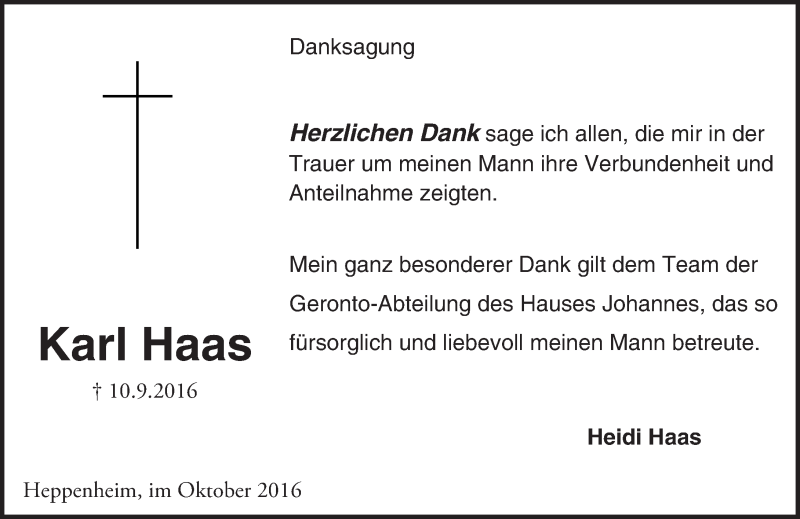  Traueranzeige für Karl Haas vom 07.10.2016 aus Trauerportal Echo Online
