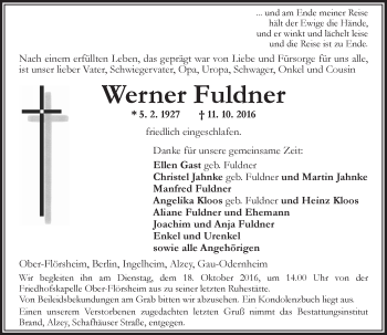 Traueranzeige von Werner Fuldner von Trauerportal Rhein Main Presse