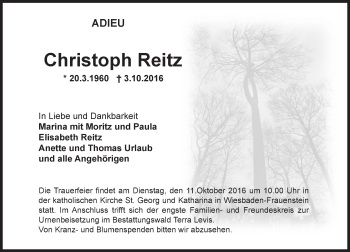 Traueranzeige von Christoph Reitz von Trauerportal Rhein Main Presse