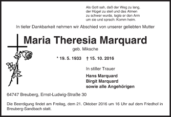 Traueranzeige von Maria Theresia Marquard von Trauerportal Echo Online