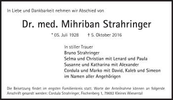 Traueranzeige von Mihriban Strahringer von Trauerportal Echo Online