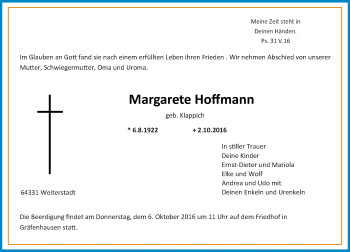 Traueranzeige von Margarete Hoffmann von Trauerportal Echo Online