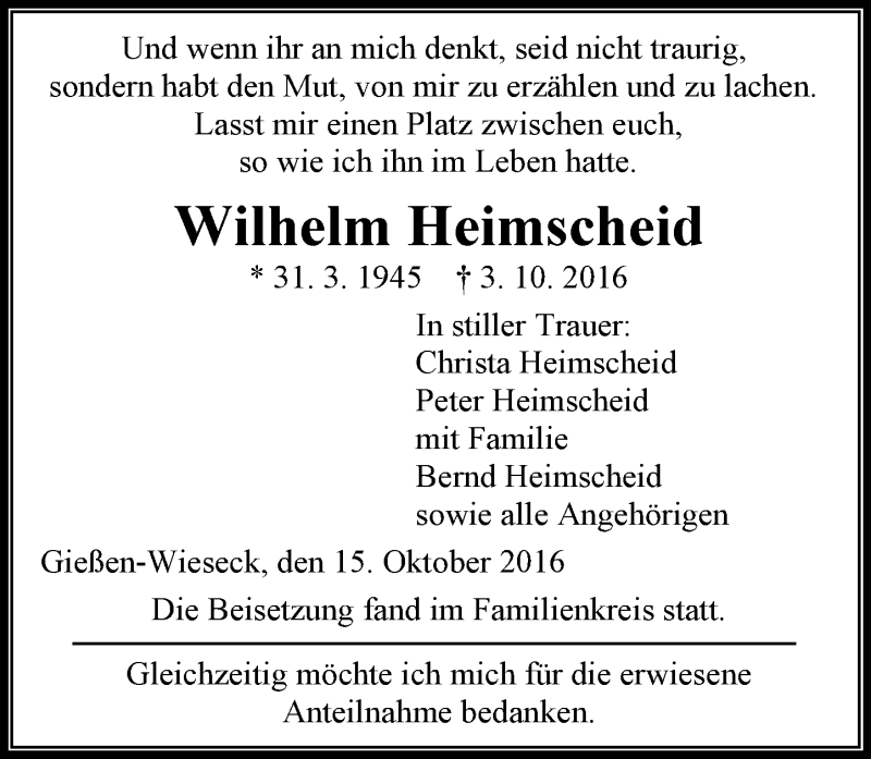  Traueranzeige für Wilhelm Heimscheid vom 15.10.2016 aus  Gießener Anzeiger