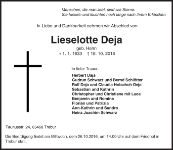 Traueranzeige von Lieselotte Deja von Trauerportal Echo Online