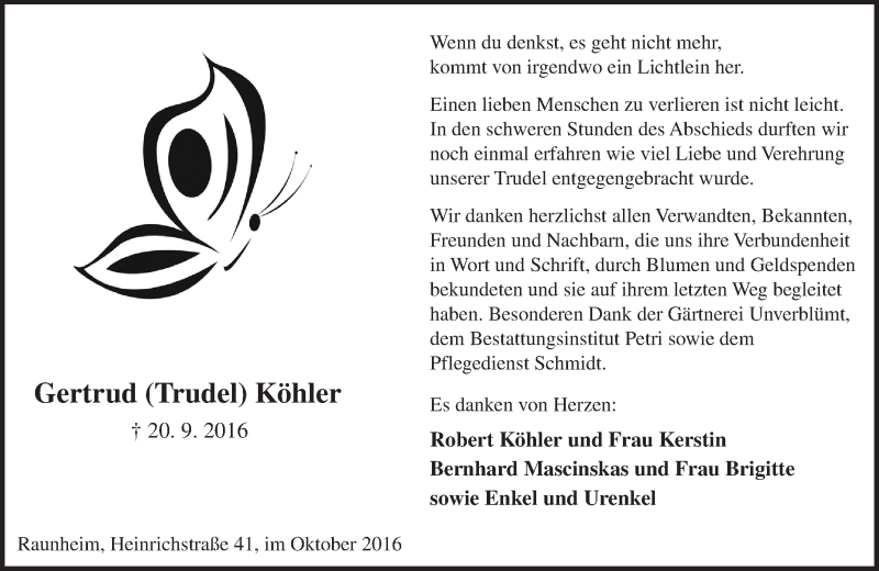  Traueranzeige für Gertrud Köhler vom 08.10.2016 aus Trauerportal Rhein Main Presse