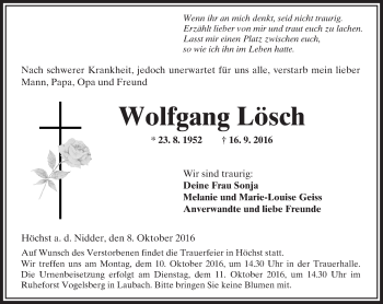 Traueranzeige von Wolfgang Lösch von  Kreisanzeiger